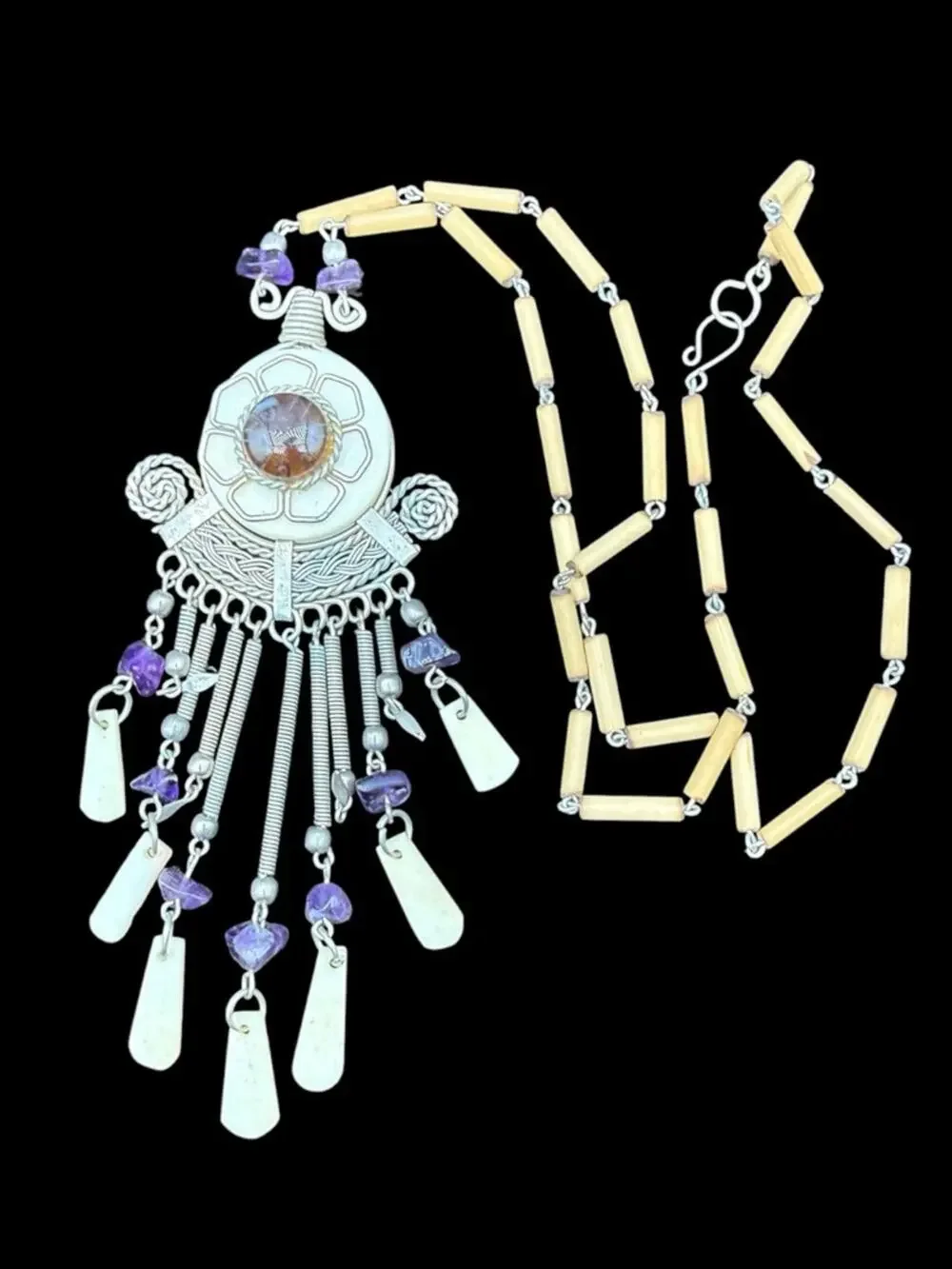 Silver-Tone Handmade Peruvian Pendant Fringe Long Necklace Purple Accents